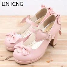 LIN KING Туфли-лодочки Лолита в стиле Harajuku туфли на высоком каблуке из лаковой кожи однотонные маскарадные туфли с бантом милые женские туфли Mary Jane обувь для вечеринок