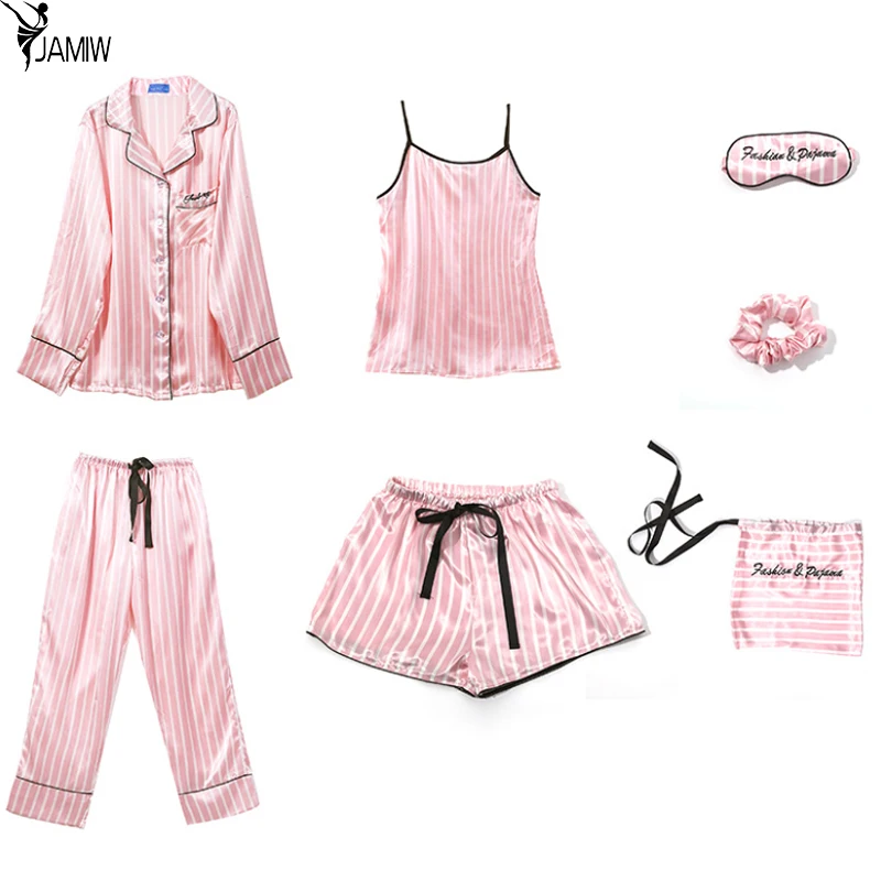 New Fashion Spring Summer Women's Seven Piece Satin Silk Pajamas Ladies Sexy Stripe Long Sleeved Sleepwear Home Clothes | Женская
