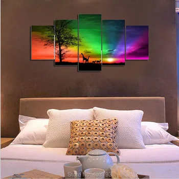 

HD Painting Canvas Prints No Frame 5 Panel Colorful Sky and African Animals Painting Wall Art Print On Canvas Modern Home Decor