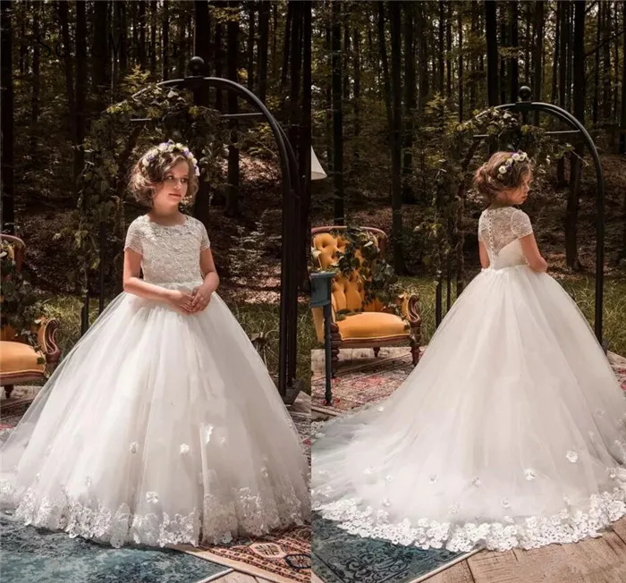 

New Ivory White Flower Girls Dresses 3D Floral Applique Lace Floor Length Girls Pageant Dresses Baby Girl First Communion Dress