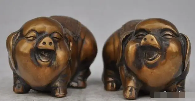 

S00653 4.72" China Bronze Copper Animal Zodiac Auspicious Wealth Happy Pig Statue Pair (A0321)