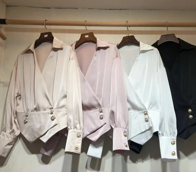 Специальное предложение настоящий поплин Blusa Blusas женская рубашка нерегулярная v-образный вырез пуговица украшение талии с длинными рукавами женские блузки