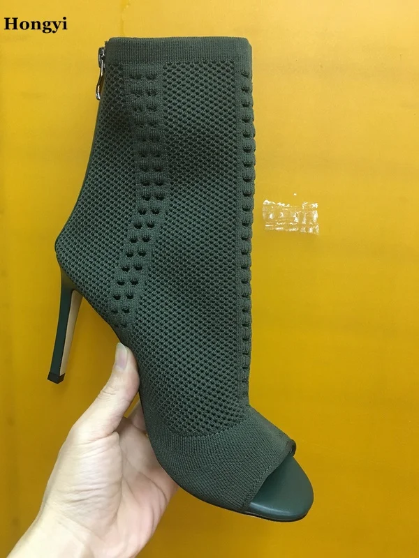 

New Fabulous Sexy Weave Design Elegant Knit Boot Woman High Heel Short Booties Open Toe Zipper Thin Heel Pumps Ankle boots Women