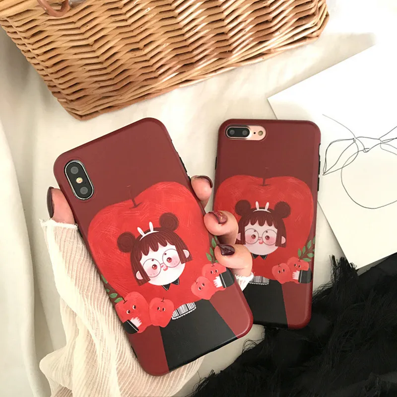 

Japanese Kawaii Original Retro Apple girl pattern Phone Case for iphone cover X XS 8 Fundas for coque iphone 7 plus case silicon