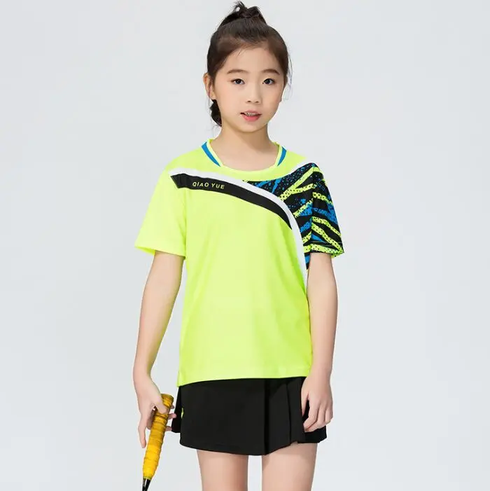 Мужские и женские теннисные футболки с круглым вырезом, шорты, юбки, комплекты для бадминтона для мальчиков и девочек, настольные теннисные футболки, одежда для тенниса белого цвета - Цвет: Girl Green