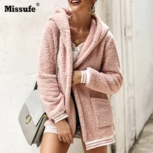 Missufe длинный рукав карман плюшевые пальто осень зима теплая Повседневная куртка женский кардиган длинные топы Поддельные кашемировые пальто с шапкой