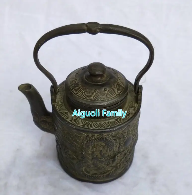 Китайский антикварный чайник коллекция старинный Бронзовый резной дракон чайный горшок украшение дома Металлический горшок 00015