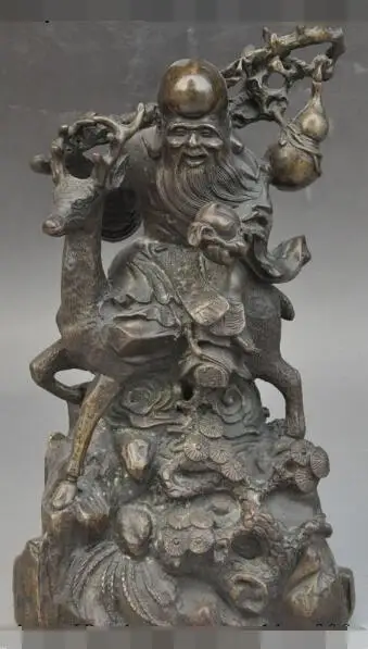 

S01710 Chinese Fengshui Bronze Longevity God shouxing Hold Peach Gourd Ride Deer Statue B0403