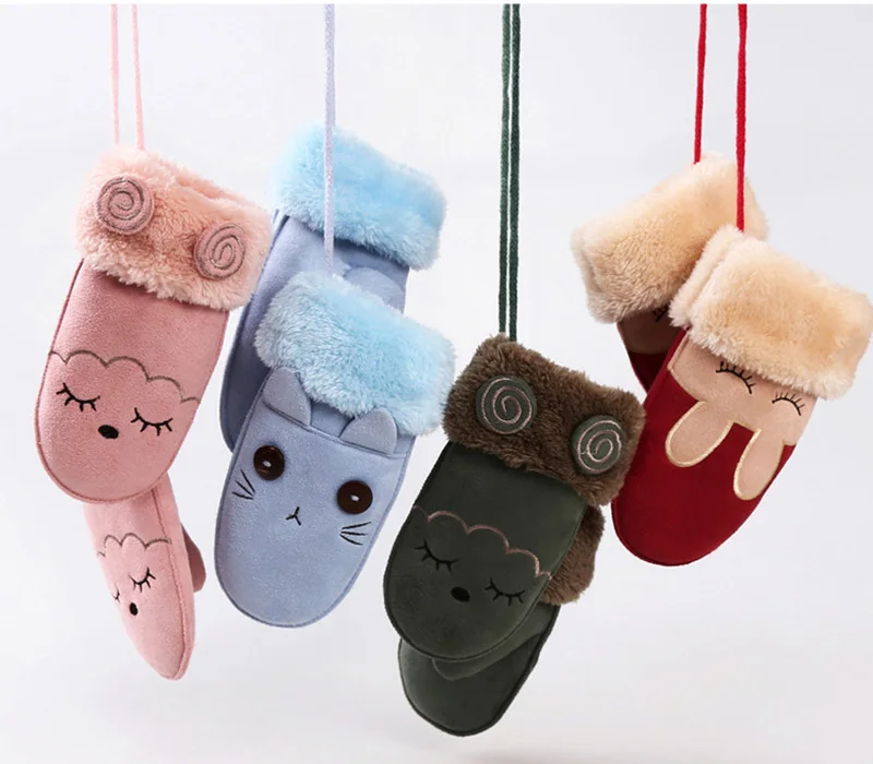 Fashion Lovely Children's Winter Thick Cashmere Warm Cartoon Rabbit Bear Suede Leather Gloves Boy/Girl Faux Sheepskin Glove 100A mens suede gloves