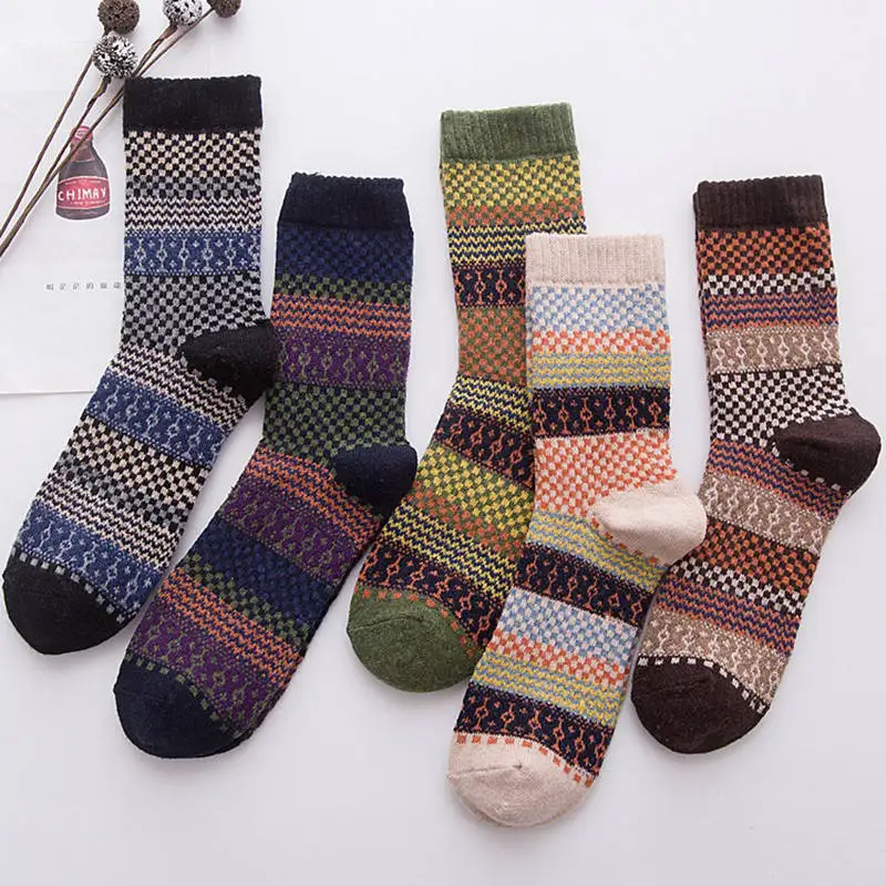 Vintage Men Wool Socks Ethnic Style Geometric Plaid Socks Fashion Male Striped Middle Tube Sock Winter Warm Man Cotton Clothing (20)