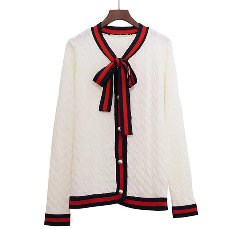 

2019 Luxury Designer Brand Winter Knitted Cardigans Women Bow Twist G Pearl Botton Stripe Edge Sweater Black White Red Cardigan