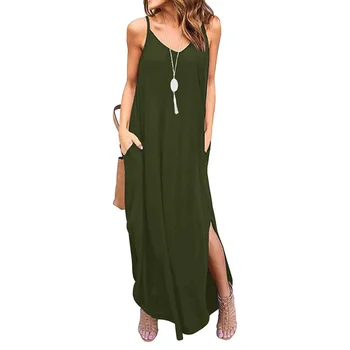 

Pockets Strap Maxi Dress Women Summer Beach Casual Sexy Boho Elegant Vintage Bandage Loose Split Long Dresses