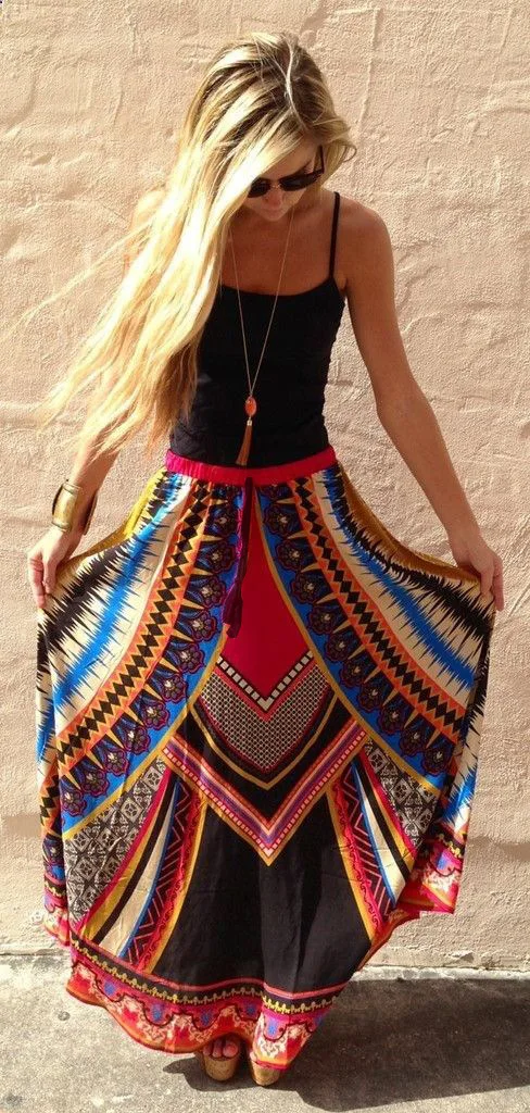 Европейская винтажная длинная юбка с высокой талией и принтом, богемные пляжные повседневные юбки макси, женские летние юбки Jupe Femme - Цвет: 1