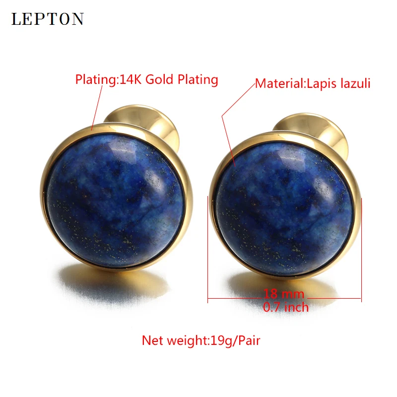 Low-key Luxury Lapis Lazuli Cufflinks for Mens Gold Color Lepton High Quality Round Lazurite Stone Cuff links Relojes gemelos