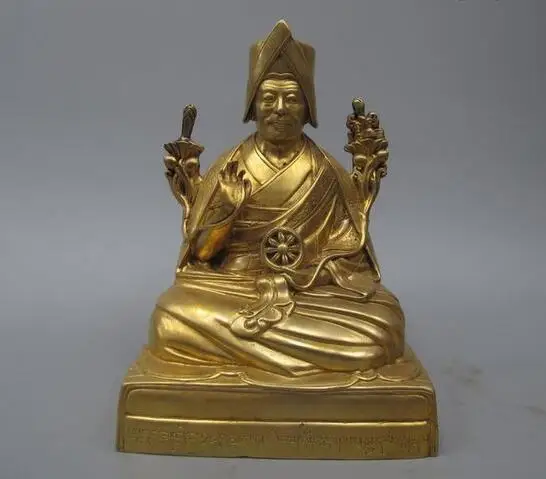 

7.8" Tibet Tibetan Buddhism Pure Bronze 24K Gold Lama Teacher Buddha Statue
