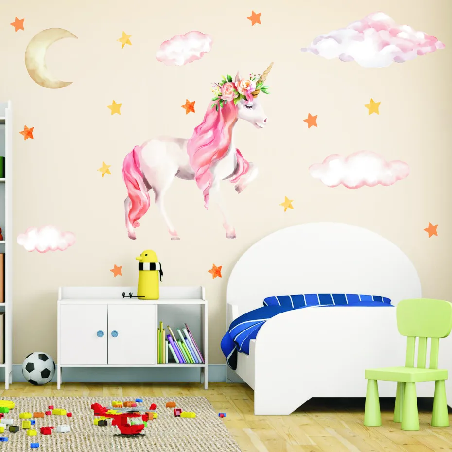 

Nordic Style Moon Clouds Unicorns Wall Stickers For Kids Room Colorful Animals Horse Vinyl Wall Decals Poster Mural Home Decor