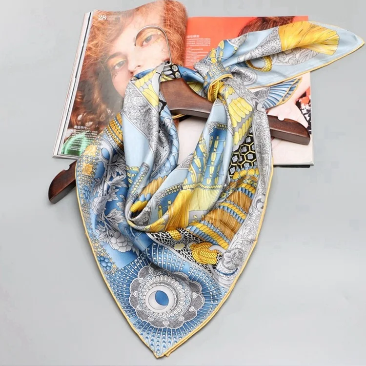 Шелковый шарф хиджаб головные шарфы для обертывания волос большие квадратные шелковые платки из саржевого шелка шаль обертывания ручной рулон 88x88 см - Цвет: Silver Gray Bottom