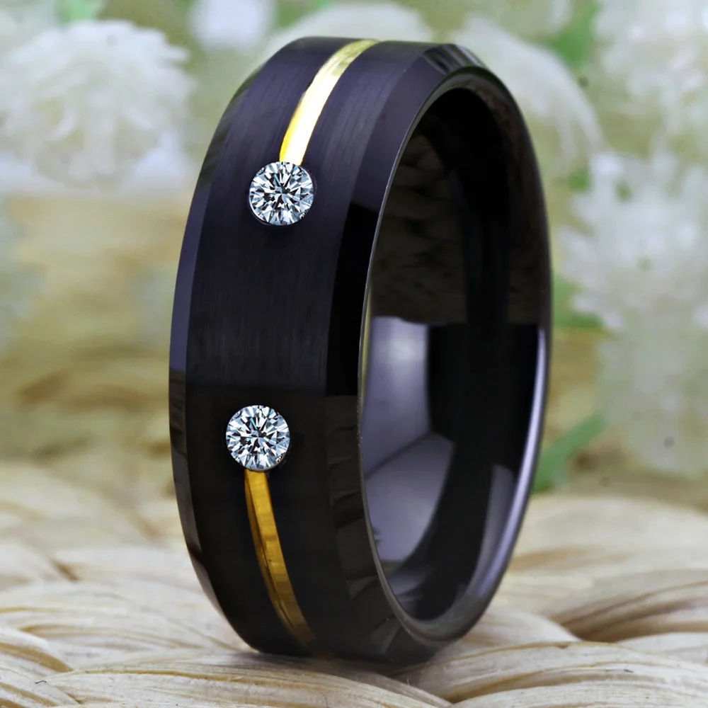 Tungsten Wedding Band Engagement Rings For Women Classic Men's Black Tungsten Ring Golden Groove CZ inlay Anniversary Gift Ring