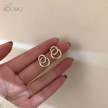 AOMU Корея простые геометрические золотые металлические круглый кристаллический горный хрусталь двойные круглые серьги-гвоздики для женщин вечерние ювелирные изделия