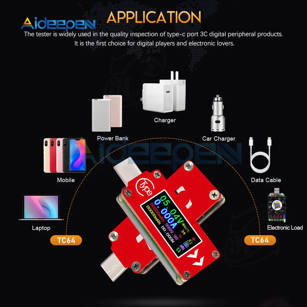 TC64 тип-c цветной ЖК-дисплей USB Вольтметр Амперметр Напряжение измеритель тока мультиметр батарея PD Зарядка банк питания USB Тестер