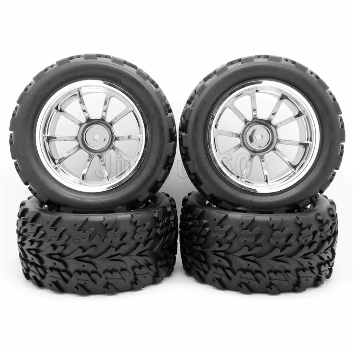 RC 1/10 RC Truck Off Road Car Rubber Tires + 5 Spoke Wheel Rim Silver