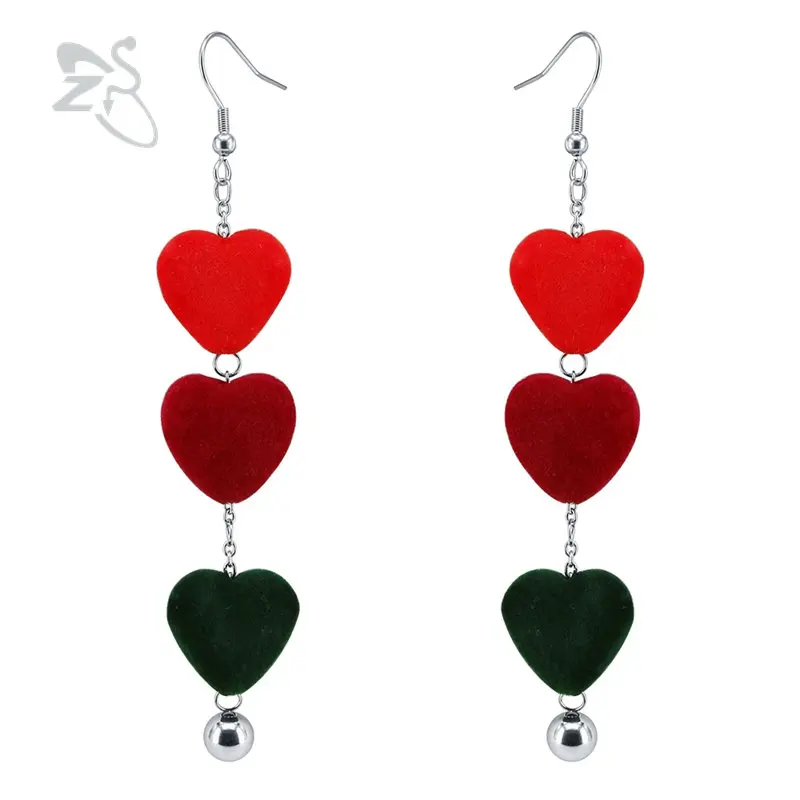 

ZS Drop Earrings for Women Dangle Earrings Heart Long Clip on Earrings Korean Velvet Green Red brincos Trendy boucle d'oreille