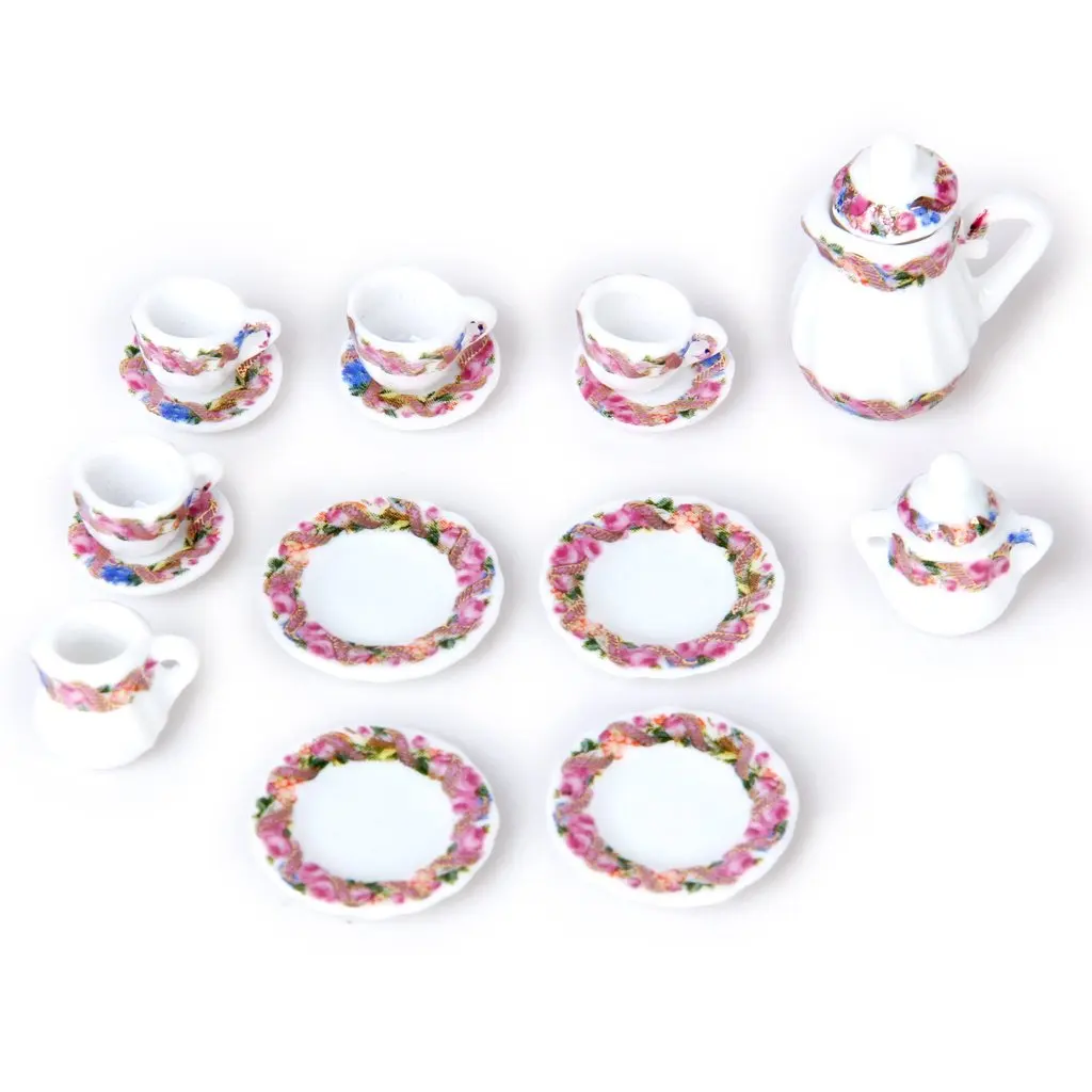 

15pcs Doll House Miniature Porcelain Tea Set Dish+Cup+Plate - Colorful Floral Print