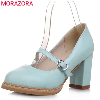 

MORAZORA new hot 2020 pumps women shoes high heels round toe shallow slip on square heel solid elegant ladies shoes