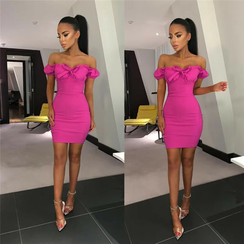 

Women's Strapless Dress Off Shoulder Bow Party Cocktail Club Wear Ladies Sexy Red Tight Pencil Mini Dress