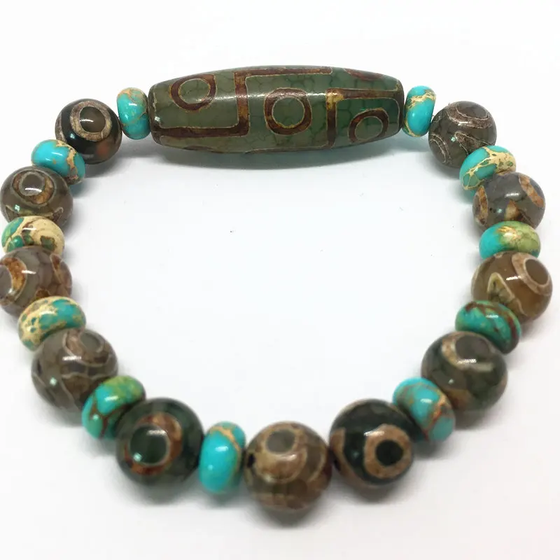 Billig Grüne Natürliche Achat 9 augen Muster Tibetischen Dzi Perlen elastische Armband für frauen freies verschiffen