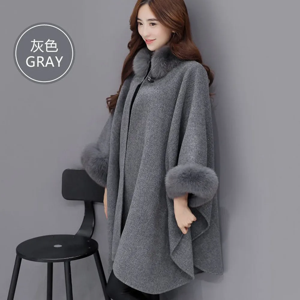 

Fashion autumn and winter bat women's casual fur coat leather collar in the long woolen coat cloak shawl Kaka di root cloak