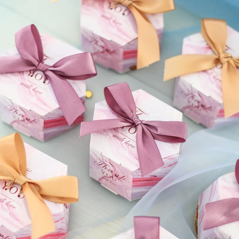 

100pcs Creative Marble hexagonal Shape Wedding Favors Pink Purple Thank You Candy Boxes Chocolate Box Party Supplies Gift Box