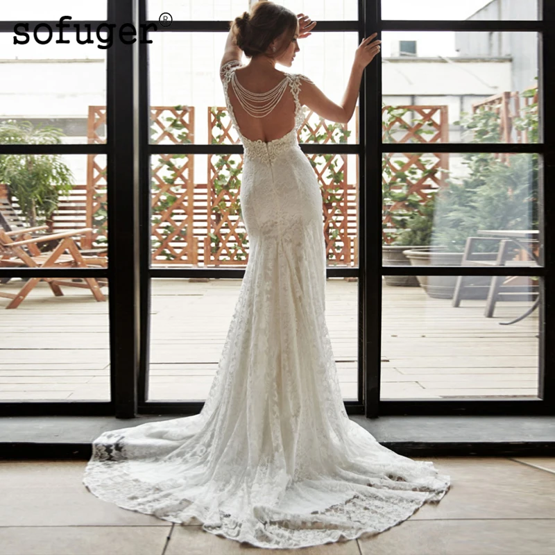 

Lace Pearls Mermaid Scoop Sexy Backless Wedding Dress Robe De Mariee Sofuge Boho Dubai Arabic Abiti Da Sposa White Ivory