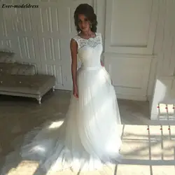 Скромные кружевные фатиновые Свадебные платья 2019 трапециевидной формы с аппликацией на шнуровке сзади пляжные свадебные платья robe mariage