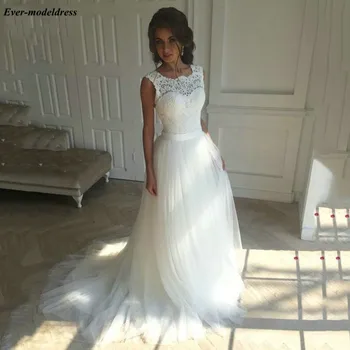 

Modest Lace Tulle Wedding Dresses 2019 A-Line Appliques Lace up Back Beach Bridal Gowns robe mariage