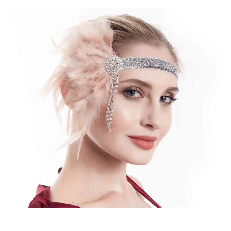 1920s Gatsby Flapper Feather Headband 20s Accessories Crystal Beaded Wedding Headpiece