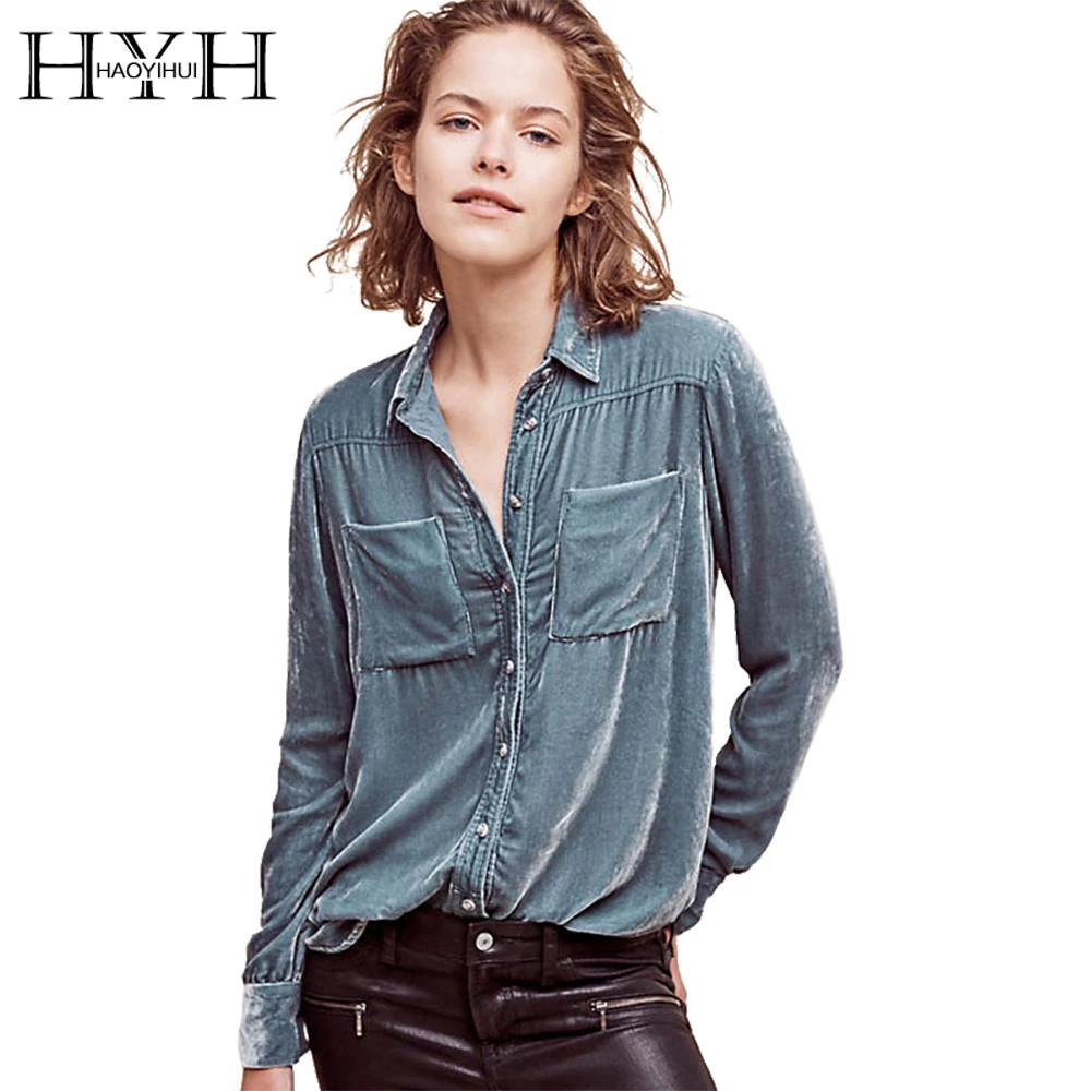

HYH HAOYIHUI Solid Blue Women Blouse Turn-down Collar Long Sleeve Single Breasted Tops Pocket Casual Slim Sexy Velvet Blouse