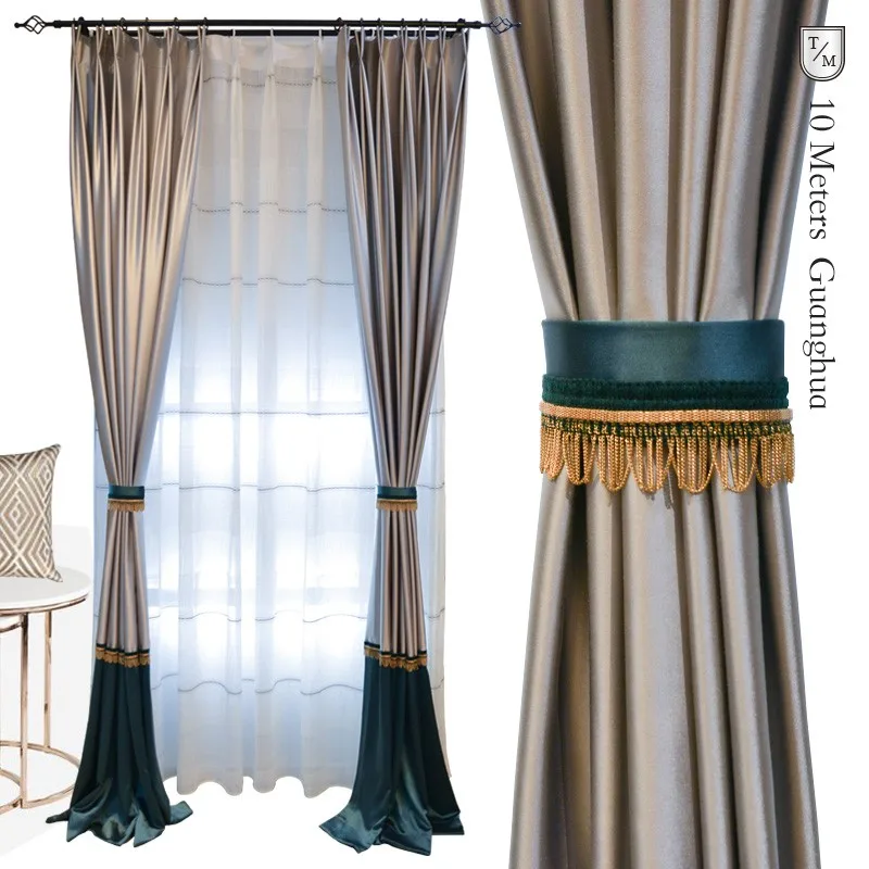 

Custom curtains Light luxury simple cotton light sky blue American Mediterranean cloth blackout curtain tulle drape B477