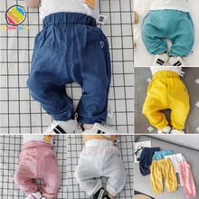 Lemonmiyu/летние тонкие детские длинные штаны; Хлопковые Штаны-шаровары ярких цветов для малышей; однотонные брюки для новорожденных; свободные эластичные штаны