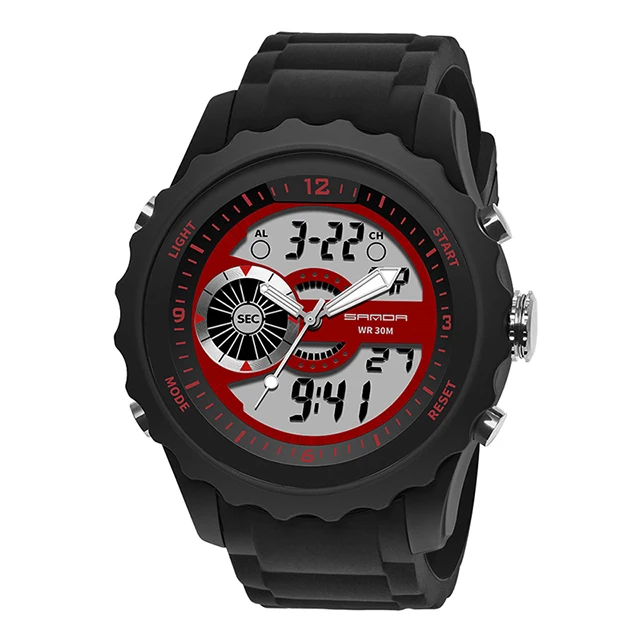 SANDA Мужские Аналоговые кварцевые цифровые часы с двойным дисплеем водонепроницаемые спортивные часы для мужчин силиконовые светодиодные электронные часы мужские Relogio - Цвет: black red