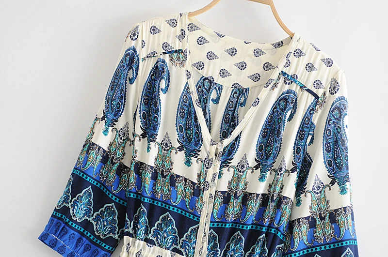 Boho женское платье синее платье с цветочным принтом сексуальное с v-образным вырезом на талии летнее платье цыганское пляжное платье, сарафан