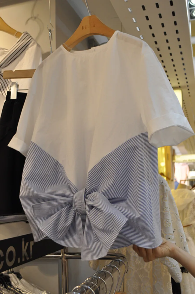 

Alpha 2016 Women Big Bow Blouses Loose Striped Bow Decor Ladies Sweet Blouses