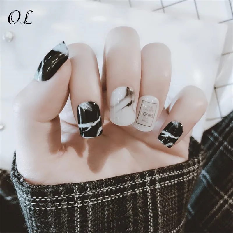 

Fashion Nude Fake Nails White Marble Short Press On Nails Shiny Perfect for daily Wear with Glue Sticker #