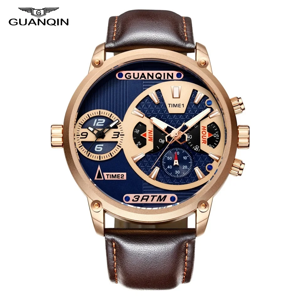 

GUANQIN Men Quartz Watch Big Dail Dual Time Leather Strap Luminous Waterproof Mens Wristwatch Male Clock Relogio Masculino