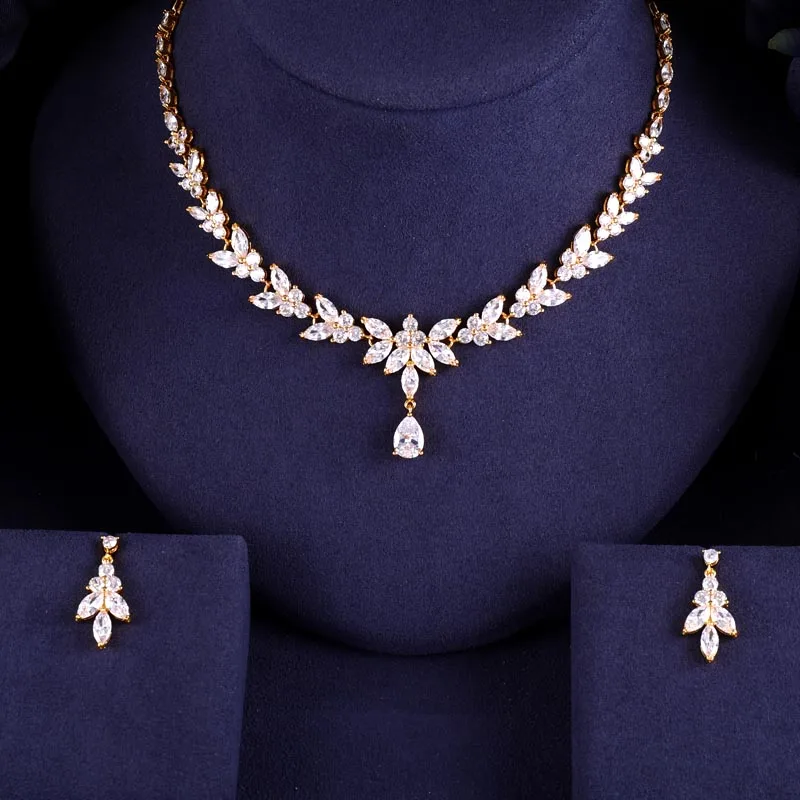 

Newest Luxury Sparking Brilliant Cubic Zircon Clear Gold-Color Necklace Earrings Wedding Bridal Jewelry Sets Dress Accessories