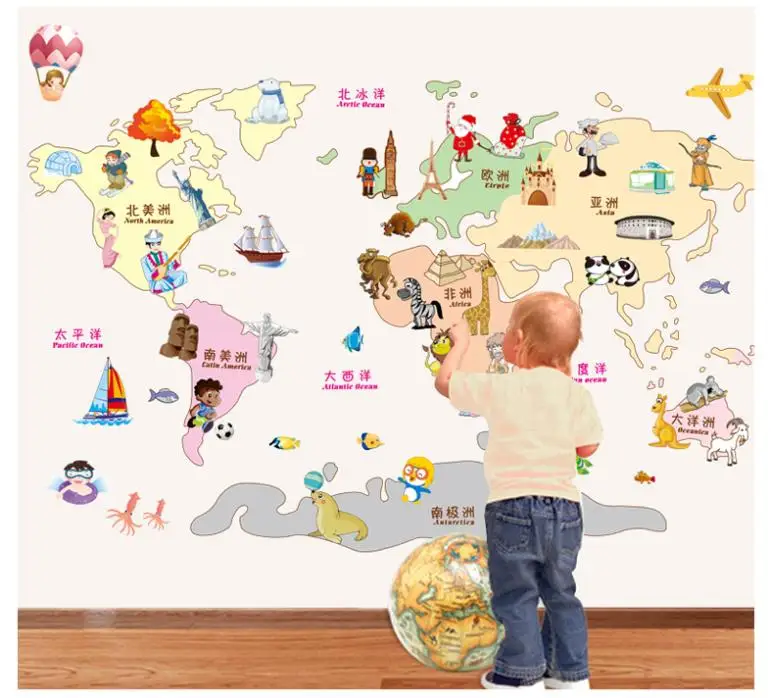 creative Cartoon animals plant plan World Map wall decal