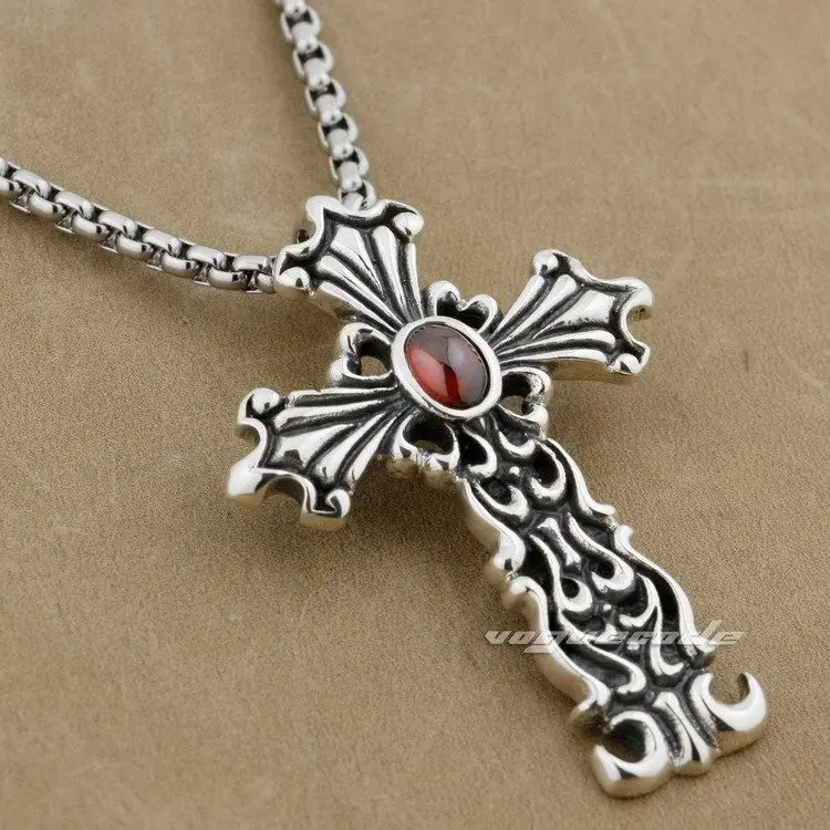 

925 Sterling Silver FLEUR DE LIS Cross Red CZ Stone Fashion Pendant 9J027(Necklace 24inch)