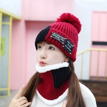 Теплые Лыжные шапки для девочек, брендовые вязаные шапки с помпонами, шарф, шапка, набор зимних женских шапок, плотная шапка Skullies, женская шапка