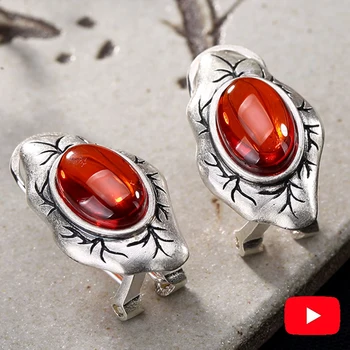 

S925 Fine Jewelry Ruby Stud Earrings Women Handmade Vintage oval Bead Natural Carnelian Retro Ruby red jasper