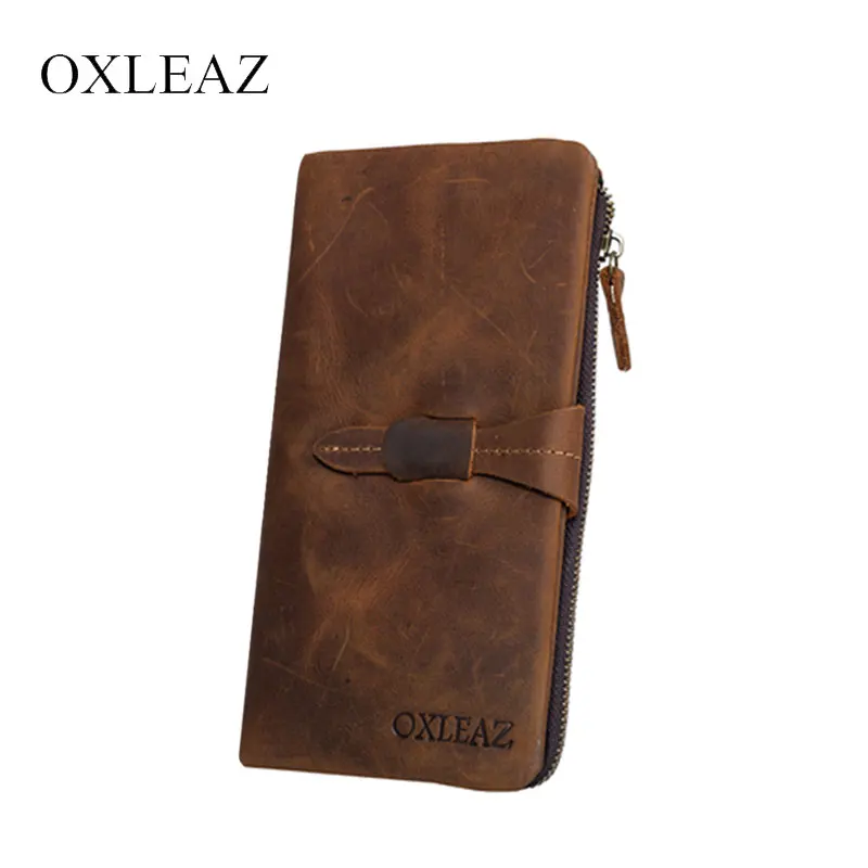 OXLEAZ Crazy Horse Clutch Purse Vintage Designer Men Genuine Cowhide Leather Wallet Male Money Bag Card Holder Long Wallet Thin